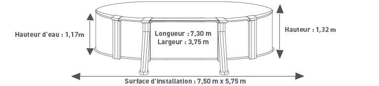 Dimensions de la piscine acier 7.30 x 3.75 x 1.32 m graphite